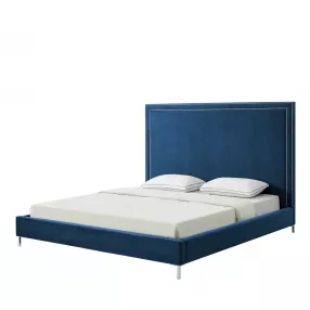 Navy Blue Solid Wood King Upholstered Velvet Bed with Nailhead Trim
