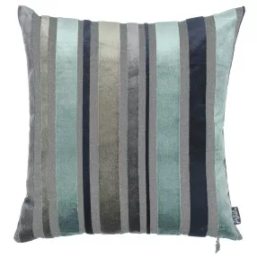 Blue variegated stripe decorative pillow covers with aqua and grey patterned textile design