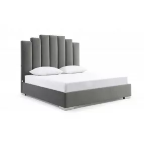 Queen Grey Upholstered Vertical Channel Velvet Bed with USB