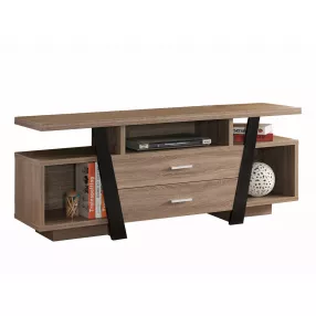 60" Brown And Black Particle Board And Mdf Cabinet Enclosed Storage TV Stand