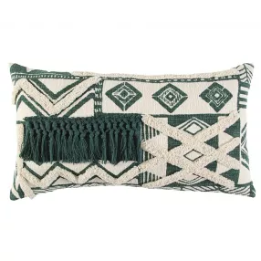 Green geometric boho chic lumbar pillow with patterned design and plant motifs