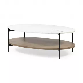 Oval White Marble Top And Black Metal Base Coffee Table W Wood Shelf