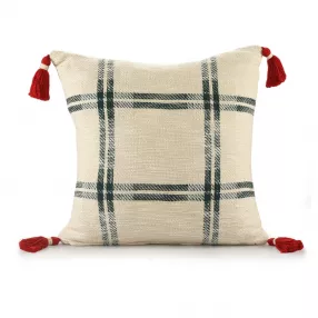 20" X 20" Ivory and Green Christmas Plaid Cotton Zippered Pillow With Tassels
