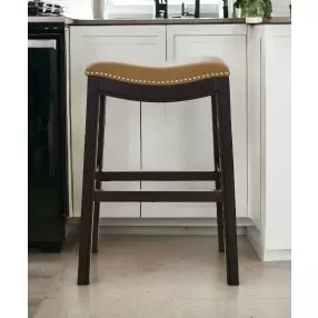 26" Tan And Espresso Solid Wood Backless Bar Height Bar Chair