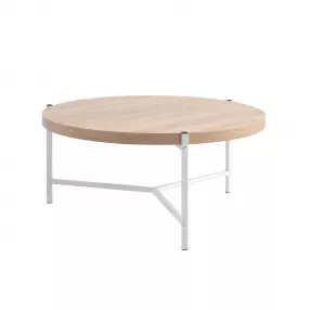 37" Natural And White Metal Round Coffee Table