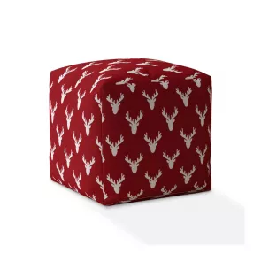 17" Red And White Cotton Stag Pouf Ottoman
