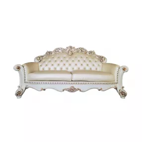 96" Champagne Faux Leather And Pearl Sofa With Five Toss Pillows