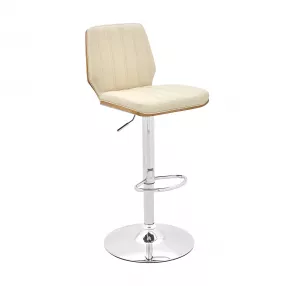 25" Cream And Silver Faux Leather And Steel Swivel Adjustable Height Bar Chair