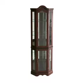Mahogany Scallop Top Lighted Corner Curio Cabinet