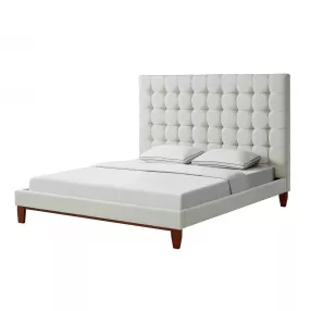 Beige Solid Wood King Tufted Upholstered Linen Bed