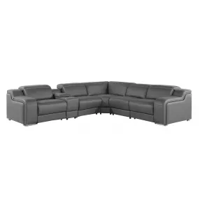 Gray Italian Leather Power Reclining Curved Six Piece Corner Sectional With Console