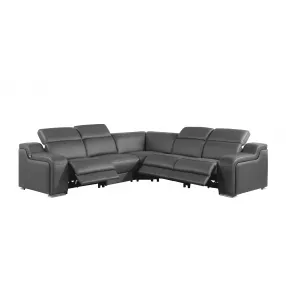 Gray Italian Leather Power Reclining Curved Five Piece Corner Sectional