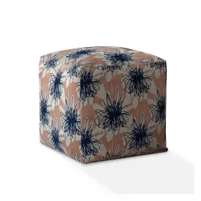 17" Pink And Blue Canvas Floral Pouf Ottoman