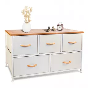 39" White and Natural White Fabric Chest With Two Shelves And Five Drawers