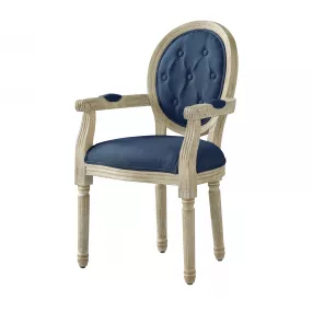 Tufted Navy Blue and Brown Upholstered Linen Dining Arm Chair