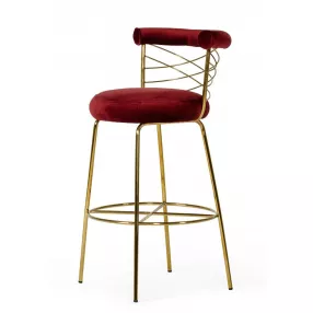 30" Red And Gold Velvet And Steel Low Back Bar Height Bar Chair