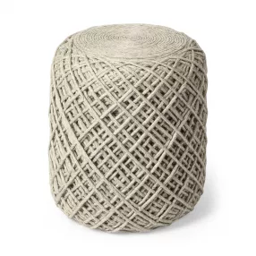 Oatmeal Wool Cylindrical Pouf With Diamond Pattern