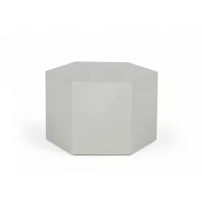light gray hexagon end table with metal accents and transparent elements