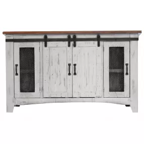 60" White Solid Wood Cabinet Enclosed Storage Distressed TV Stand