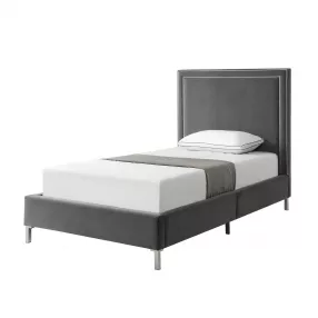 Gray Solid Wood Full Upholstered Velvet Bed with Nailhead Trim
