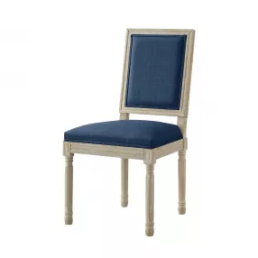 Set of Two Navy Blue and Brown Upholstered Linen Dining Side Chairs