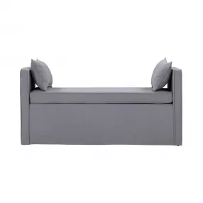 Light gray black upholstered linen bench with wood accents suitable for outdoor furniture
