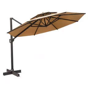 12' Tan Polyester Round Tilt Cantilever Patio Umbrella With Stand
