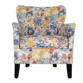 29" Blue Yellow And Brown Polyester Blend Floral Arm Chair