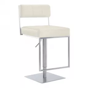25" White And Silver Faux Leather And Iron Swivel Low Back Adjustable Height Bar Chair