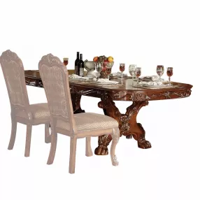 Dark brown solid wood dining table with chairs and tableware