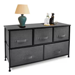 39" Black And Dark Fabric and Steel Accent Chest With Two Shelves And Five Drawers