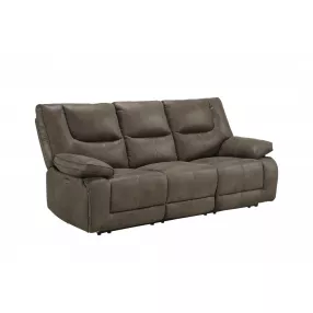 87" Gray And Black Faux Leather Reclining USB Sofa