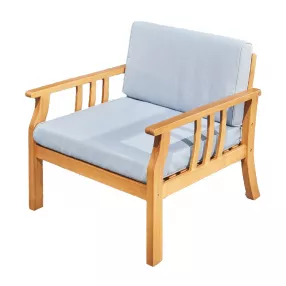 Wooden outdoor chair with aqua blue cushion for patio decor