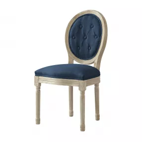 Tufted Navy Blue and Brown Upholstered Linen Dining Side Chair