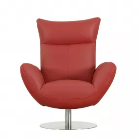 37" Red And Silver Genuine Leather Swivel Lounge Chair