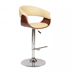 24" Cream And Silver Faux Leather And Solid Wood Swivel Low Back Adjustable Height Bar Chair