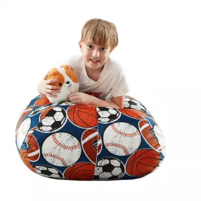 32" Blue and White Microfiber Round Sports Pouf Cover