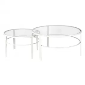 Set of Two 36" White Glass And Steel Round Nested Coffee Tables