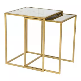 Set Of Two 18" Gold And White Faux Marble Nested Tables