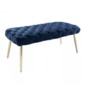 48" Navy Blue And Gold Upholstered Velvet Bench