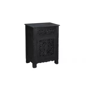 30" Distressed Black One Drawer Floral Carved Solid Wood Nightstand