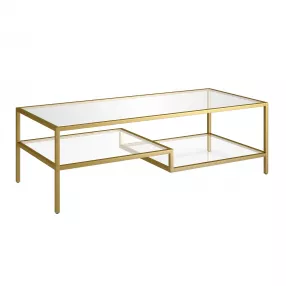 54" Gold Glass And Steel Coffee Table With Two Shelves