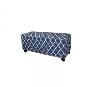 42" Blue and White and Dark Brown Upholstered Polyester Quatrefoil Bench with Flip top