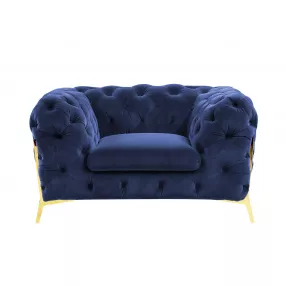 50" Blue Tufted Velvet And Gold Solid Color Lounge Chair