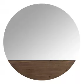 Contemporary Round Wall Mirror With Wooden Detailing