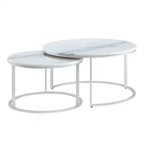 Set of Two 31" White And Silver Genuine Marble And Iron Round Nested Coffee Tables