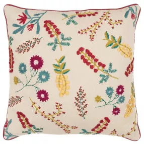 Red floral bud textural throw pillow with leaf and butterfly art design in creative aqua textile
