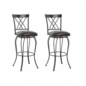 Set of Two 30" Black Faux Leather And Steel Swivel Bar Height Bar Chairs