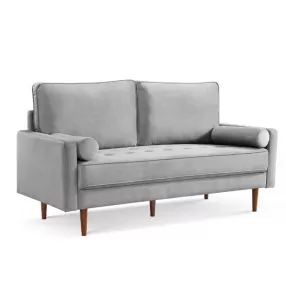 69" Gray Velvet and Dark Brown Sofa and Toss Pillows