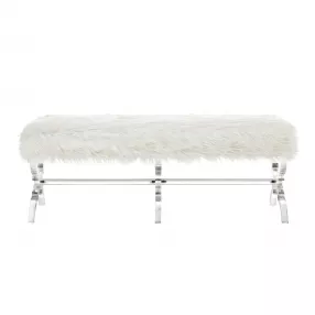 48" Cream And Clear Upholstered Faux Fur Bench